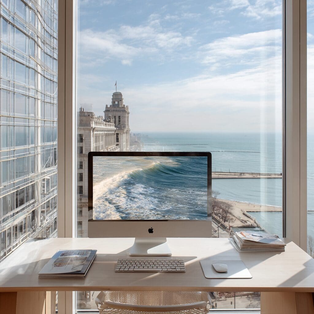 Office overlooking Lake Michigan with Ocean Computer Screen.